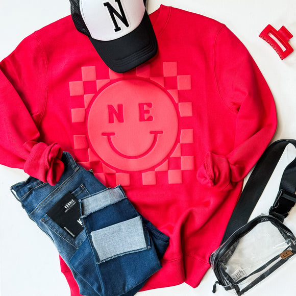 NE Checkered Puff Crewneck Red on Red